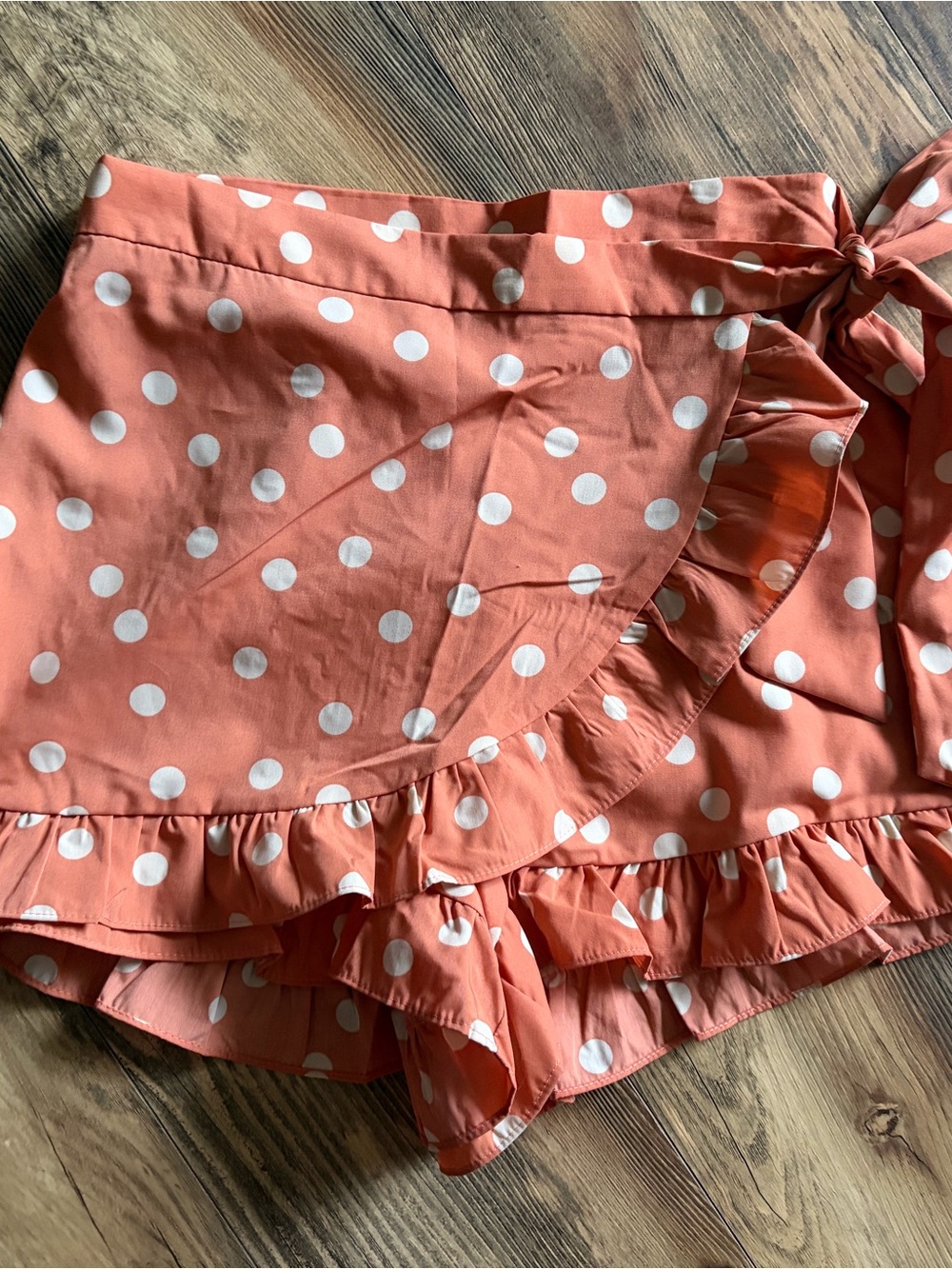 Main Strip Coral Polka Dot Ruffle Wrap Skort with Side Tie